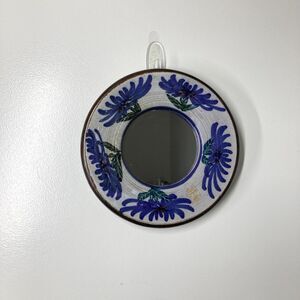 Artisan Hand Painted Ceramic Round Wall Mirror Blue Brown Floral Decor 8x8"